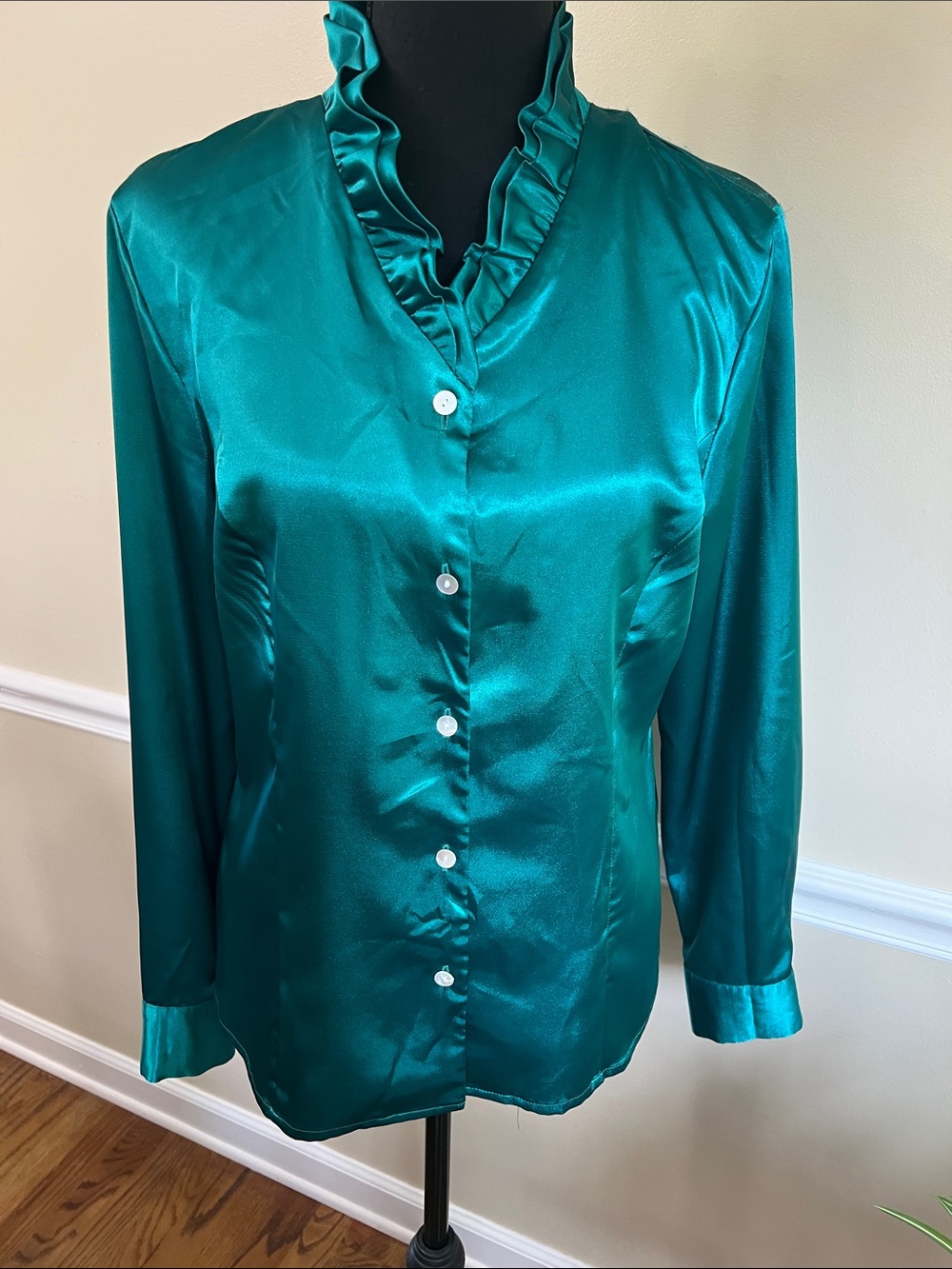 Investments Teal Satin Ruffle-Trim Button-Front Blouse